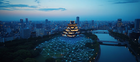 Osaka Castle Highlighted With A Blue Digital Network Of Points At Twilight, Osaka, Japan.の素材