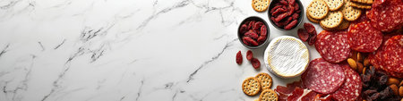 Cheese And Charcuterie Board, Gourmet Snack Selection On A Marble Background With Copy Spaceの素材