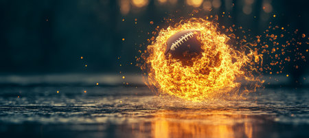 Fiery Football Explosion A Dramatic Image of a Flaming Pigskin Against a Dark Backgroundの素材