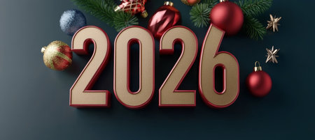 2026 Three-Dimensional Red-Gold Numbers Against Stylish Green Background for Holiday Festivitesの素材