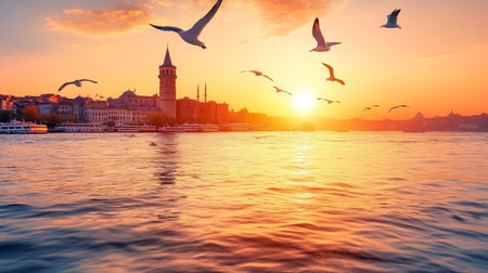 Sunset over Istanbul Cityscape silhouette with Galata Tower and birds in flight, Turkey.の素材