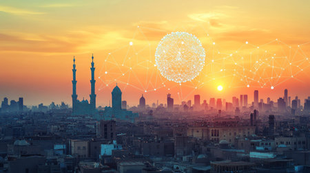 Cairo Skyline at Sunset with Digital Network Globe, Concept of Technology and Connectivityの素材