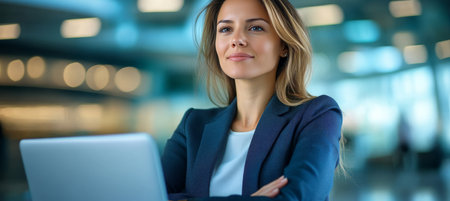 Confident Businesswoman With Laptop In A Modern Office Setting, Portrait Of A Corporate Professionalの素材