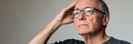 Close Up Portrait Contemplative Senior Man With Hand On Head Demonstrating Worry, With Copy Spaceの素材
