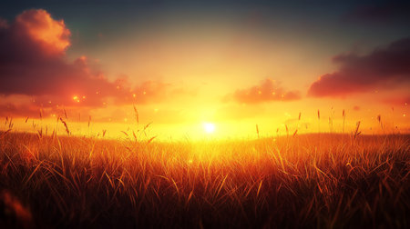 Golden Hour Bliss Serene Meadow Bathed in Warm Sunset Hues, Perfect for Text Overlayの素材
