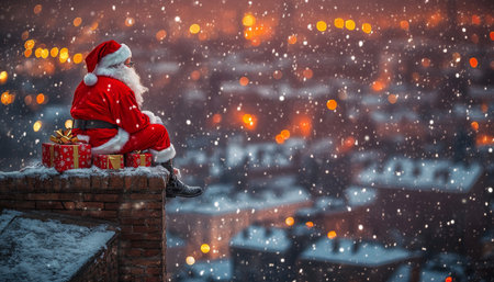 Santa s Midnight Visit A Magical Christmas Eve in the City with Gifts and Falling Snowの素材