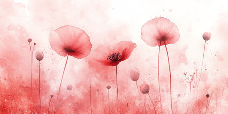 Delicate Coral Poppies, Dreamy Watercolor Floral Illustration, Soft Pastel Backgroundの素材