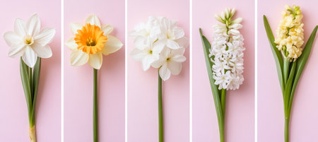 Row of Five Beautiful Spring Flowers Daffodils and Hyacinths Isolated on Pastel Pinks Backgroundの素材