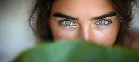 Woman s Striking Green Eyes Peering Over a Vibrant Green Leaf, Beauty and Nature Harmony.の素材
