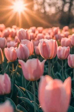 Field of Dreams A Sea of Pink Tulips in Bloom, Bathed in Soft, Golden Sunlight and Creamy Bokehの素材