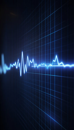 Bright Blue Heart Rhythm Line with Concluding Flatline on a Dark Blue Graph, Medical Backgroundの素材