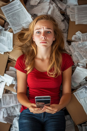 Overwhelmed Young Woman Seeks Solutions on Her Smartphone Amidst Mounting Paperwork Chaosの素材