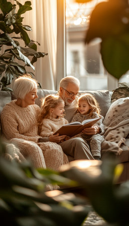 Cherished Family Moments Grandparents and Granddaughters Share a Heartwarming Story Time Togetherの素材