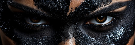 Close Up Portrait of Woman with Glossy Black Makeup and Intense Gaze on Dark Backgroundの素材