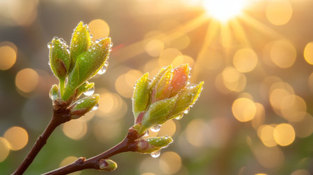 New Life, Spring Awakening, Fresh Green Leaves on a Branch in Sunlight, Nature s Beauty.の素材