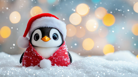 Cute penguin in a Santa Claus outfit against the background of festive lights Christmas cardの素材