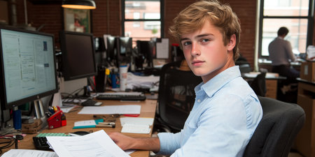 Focused Young Professional Busy With Office Work, Battling Paperwork Deadline in Modern Workspaceの素材