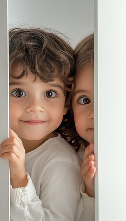 Boy And Girl, Peeking Over, White Background Playscape, Studio, Natural Light, Candid, Connectionの素材