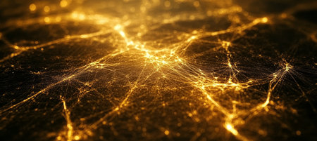 Golden Network, Intertwined Lines and Light Particles Mesh Design, Luminous Web Abstract Backgroundの素材