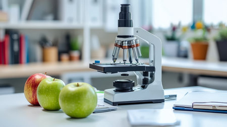 Laboratory Microscope With Robotic Arm, Apples, And Educational Items On Table In Bright Roomの素材