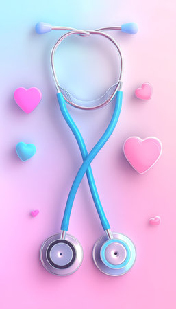 Blue Stethoscope and Pastel Hearts on a Gradient Background, Healthcare and Medical Conceptの素材