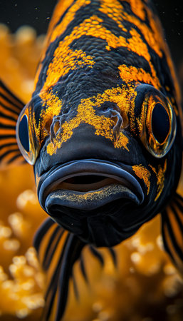 Close-up of Black and Orange Fish, Detailed Textures , Vibrant Colors, Studio Lightingの素材