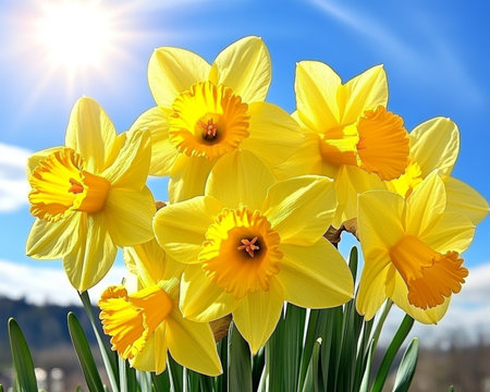 Radiant Yellow Daffodils in Full Bloom, Bathed in Warm Spring Sunlight Against a Vibrant Blue Skyの素材