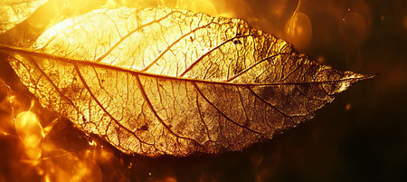 Golden Leaf, Autumnal Glow Detailed Macro Photograph of a Backlit Leaf with Intricate Veinsの素材