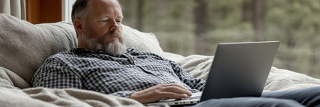 Man Working Remotely at Home, Enjoying Nature View and Sunlight, Using Laptop on Comfortable Couchの素材