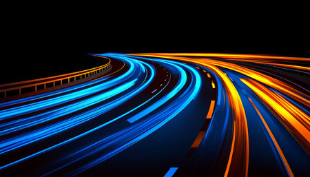 Night Highway Traffic with Flowing, Streaking Car Lights, Long Exposure, Motion Blur Effectの素材