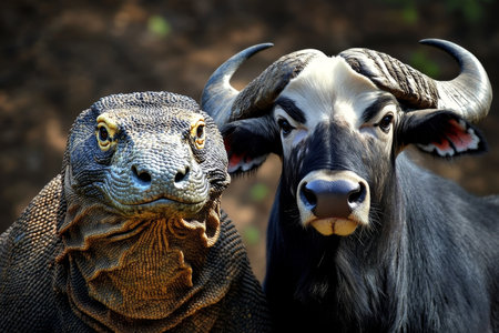 Komodo Dragon and Water Buffalo Face Off A Captivating Display of Indonesian Wildlife.の素材