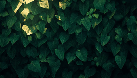 Lush Green Leaves, Overlapping Foliage, Vivid Green and Yellow Tones, Natural Sunlight.の素材