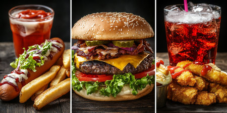 Collage Of Classic Fast Food Favorites Burger, Fries, Soda, Chicken Nuggets, And Hot Dogの素材