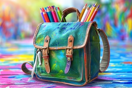 Back to School Vibrant Green Backpack with Art Supplies, Symbolizing Creativity and Education.の素材