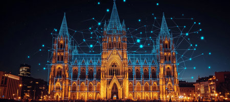 Historic Notre Dame Basilica Outlined in a Blue Digital Network at Night in Montreal, Canadaの素材