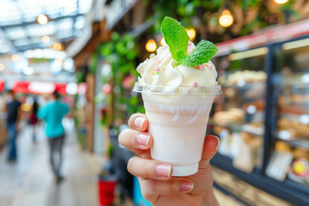 Strawberry, Vanilla Milkshake with Whipped Cream, Sprinkles, and Mint, Fresh Summer Treatの素材