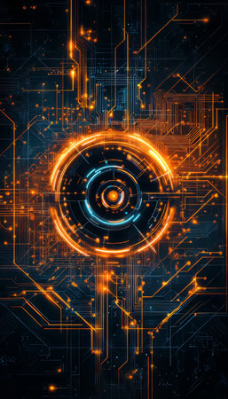 Glowing Futuristic Circuit Board A Symmetrical Technological Design on Dark Backgroundの素材