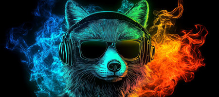 Cool Neon DJ Fox Wearing Headphones and Sunglasses, Set Against a Vibrant Abstract Flame Backgroundの素材