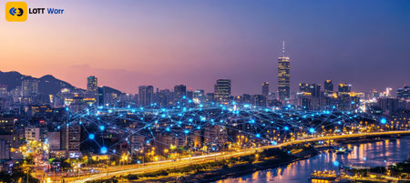 Illuminated cityscape panorama with a digital network connection, symbolizing smart city technology.の素材