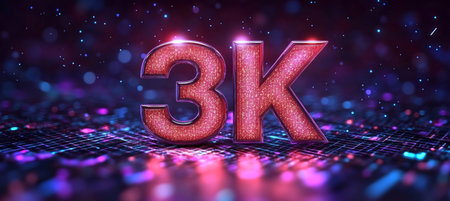Glowing 3D Number 3K on a Futuristic Digital Abstract Background with Pink and Blue Lightsの素材