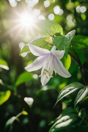 Delicate White Wildflower with Long Petals Blossoms In Sunlight, Serene Natural Backgroundの素材