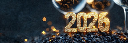 Golden Number 2026 Sparkling on Black Glittering Surface with Blurry Fairy Lights Backgroundの素材