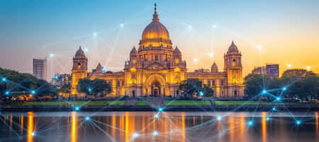 Victoria Memorial, Kolkata Illuminated Landmark Embraced by Digital Network at Twilightの素材