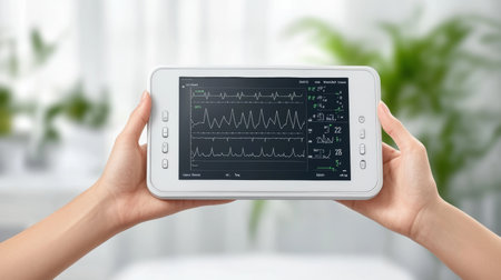 Patient Monitoring Medical Tablet Showing Vitals In Clinical Setting With Green Plantの素材