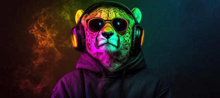Cool Cheetah DJ with Neon Glow A Party Animal Wearing Headphones and Immersed in Musicの素材
