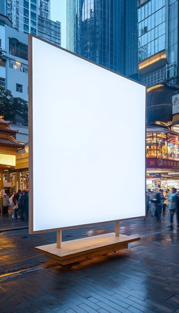 Empty City Billboard In Urban Night Landscape, Advertising Space At Twilight In Downtownの素材