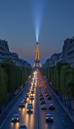 Eiffel Tower, Paris France at Nighttime, with City Lights and Street View Illuminatedの素材