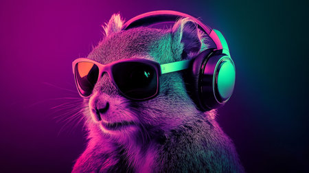 Neon Party Animal Cool Squirrel DJ Grooving with Wireless Headphones and Stylish Sunglassesの素材