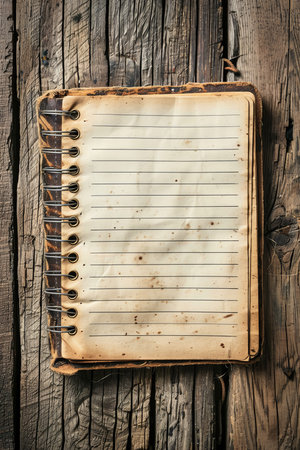 Aged, Empty Notepad on Rustic Wood Vintage Background for Memories, Stories, and Designs.の素材