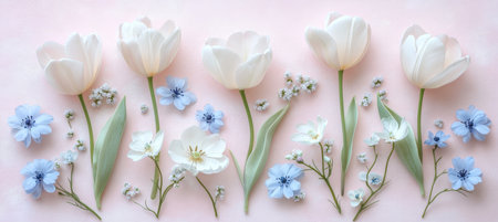 Spring Floral Arrangement on Pastel Pink, Delicate White Tulips and Blue Blossoms, Natural Lightの素材